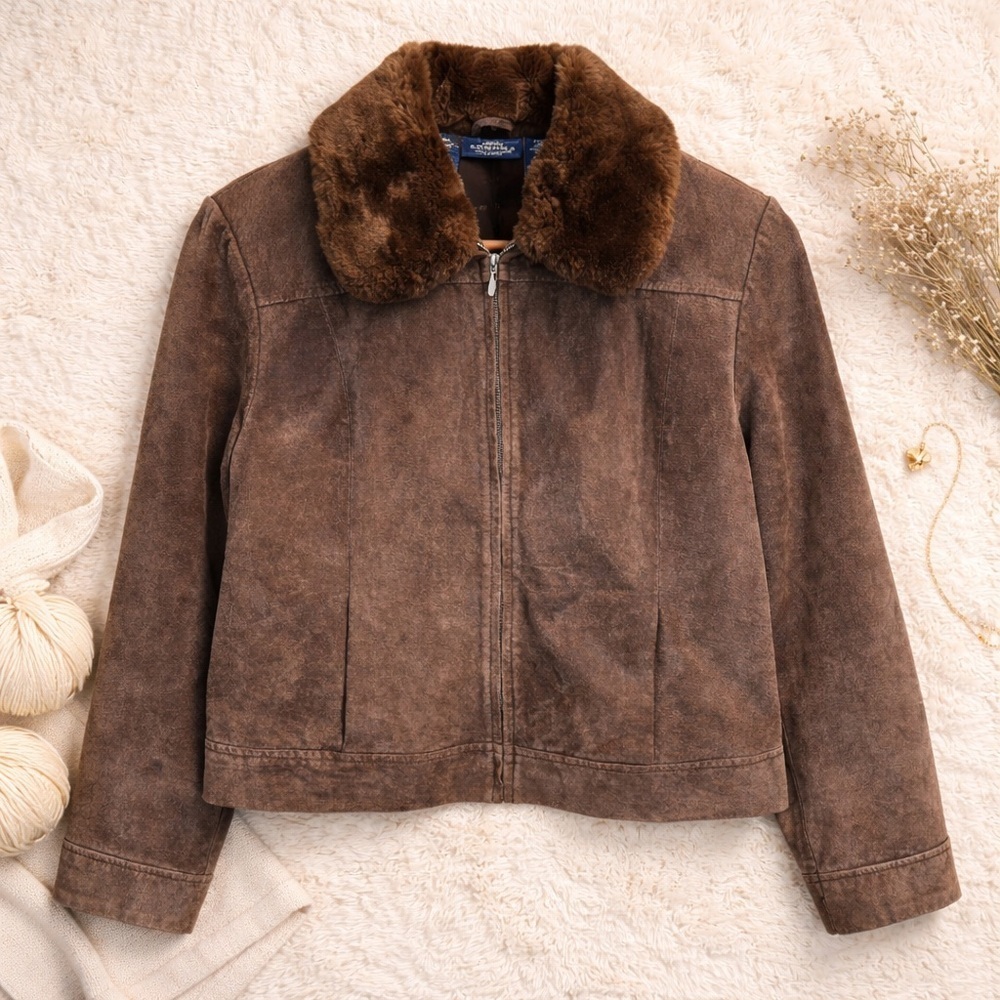 Vintage Brown Suede Leather Jacket M Faux Fur Collar Y2K Quiet Luxury Equestrian